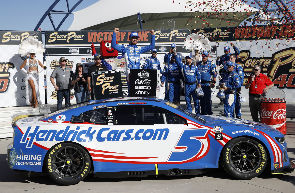 Kyle Larson and the No. 5 Hendrick Motorsports team celebrate in victory lane after Larson won Sunday's NASCAR Cup playoff race at Las Vegas, giving him an automatic berth into the Championship 4 round. (Photo by Chris Graythen/Getty Images)